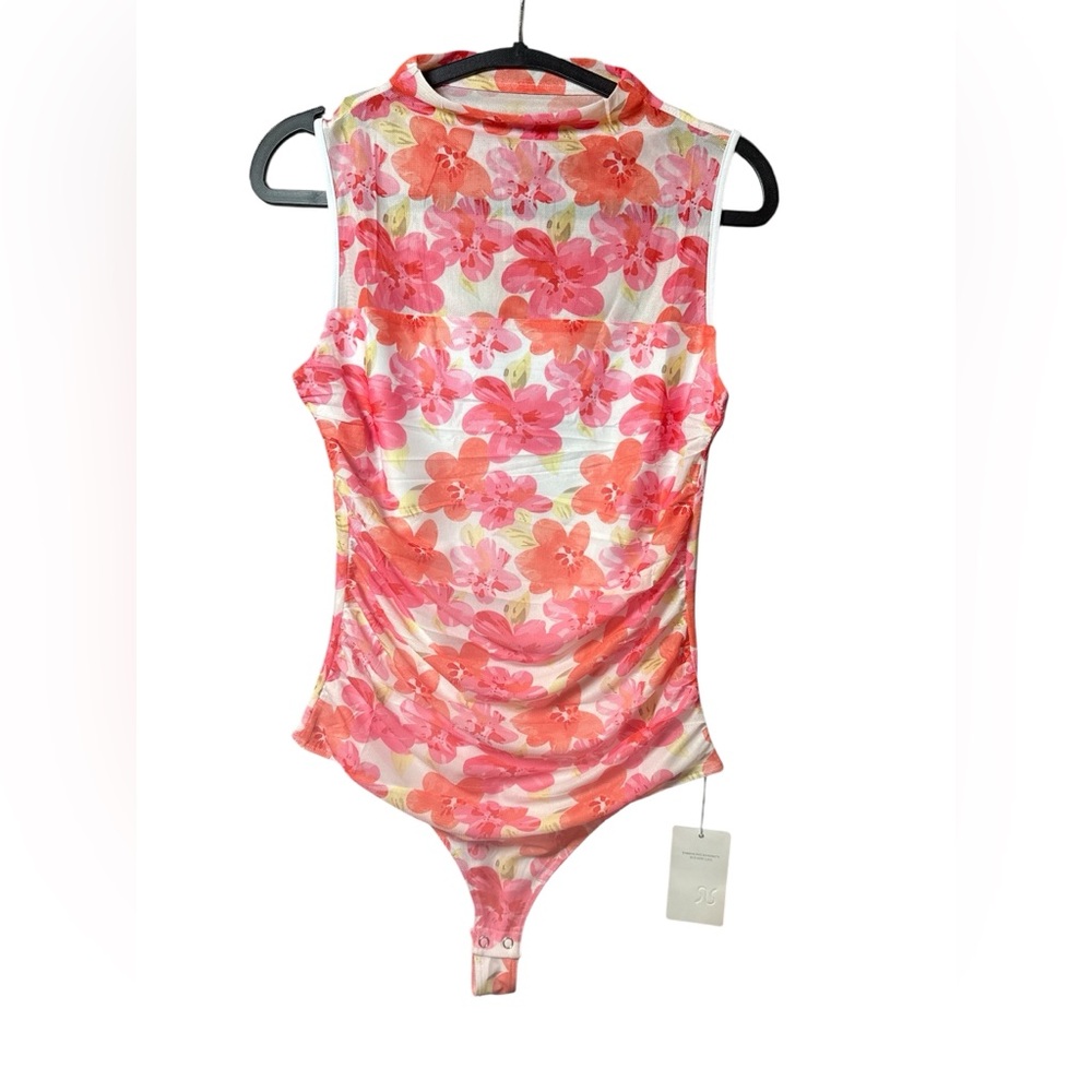 Reoria Floral Mesh Bodysuit M Sheer Lined Sleeveless NWT‎
